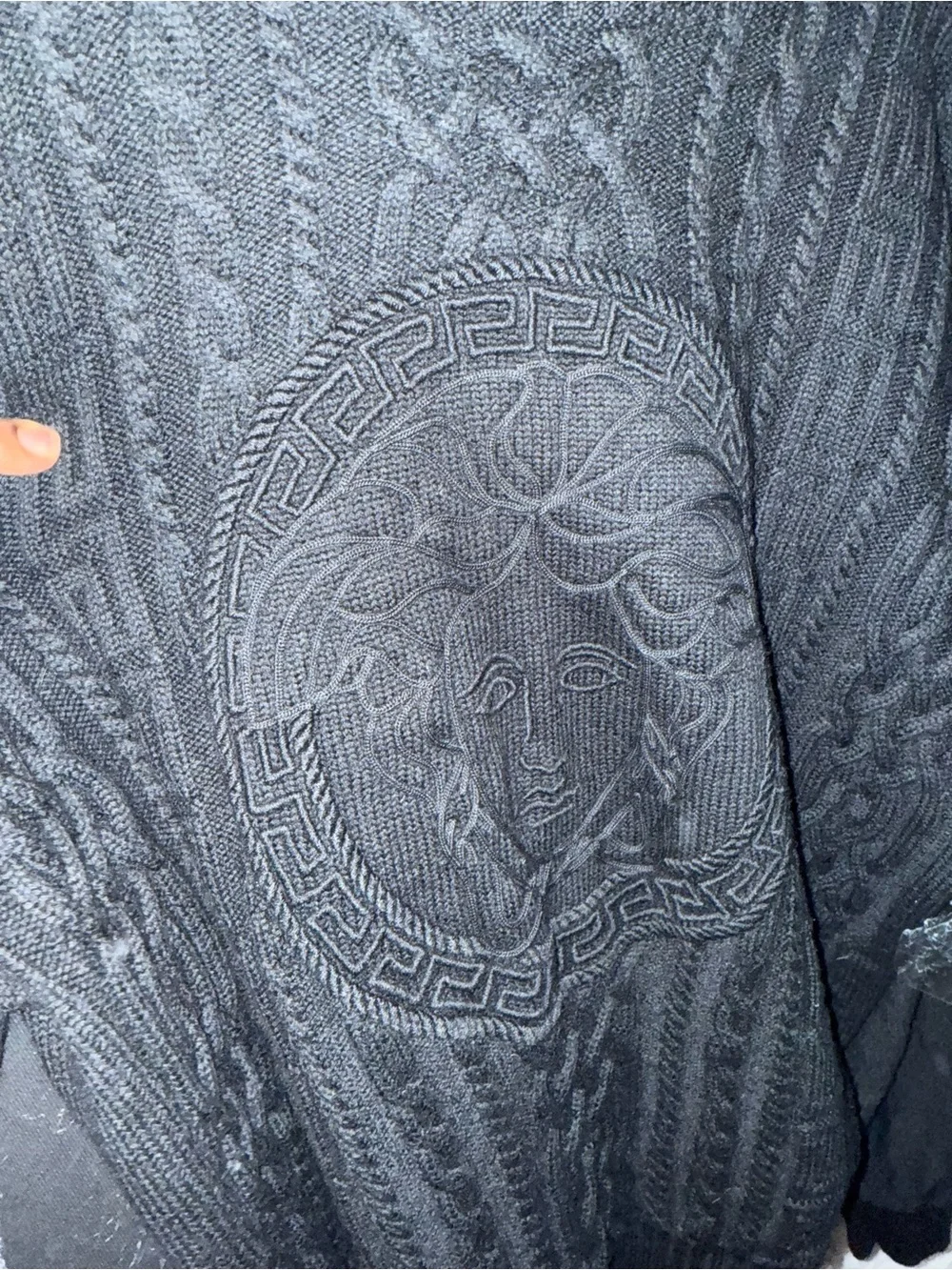 Versace Black Cable-Knit wool Medusa Embossed Crewneck Sweater